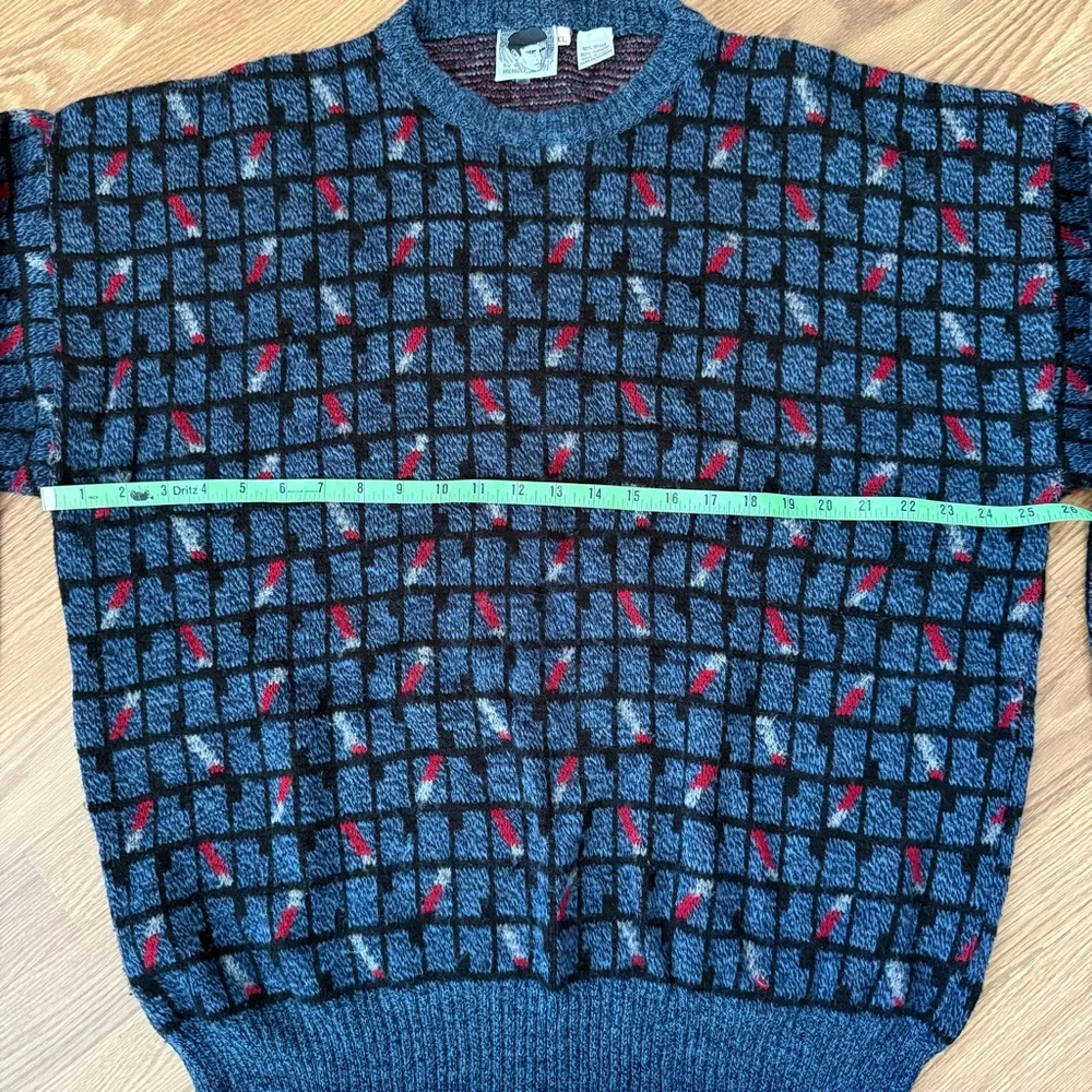 Renzo Y2K Men's Blue and Red Geometric Patterned Wool Sweater XL Made in Italy‎